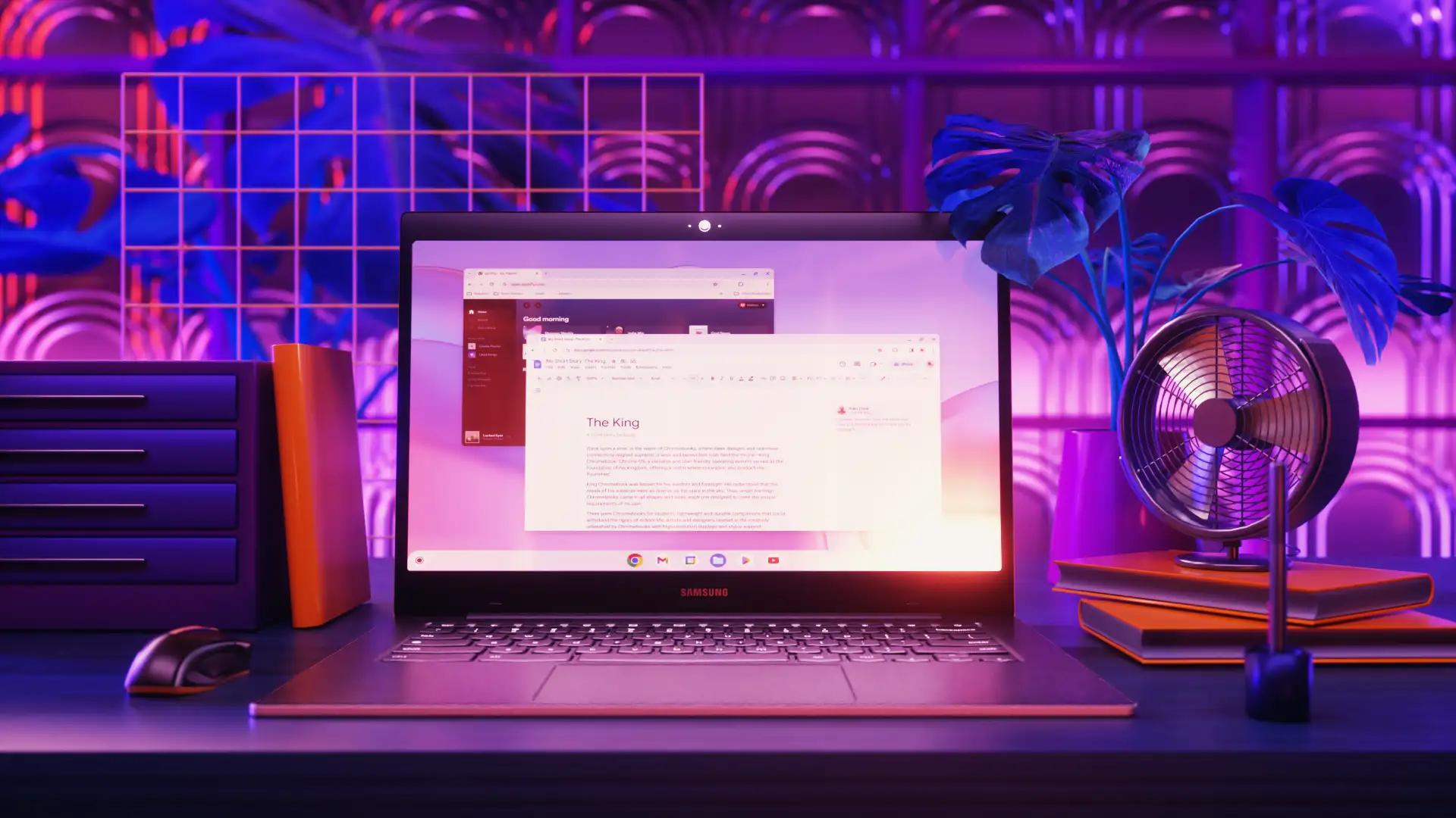 Desk setup — neon workspace