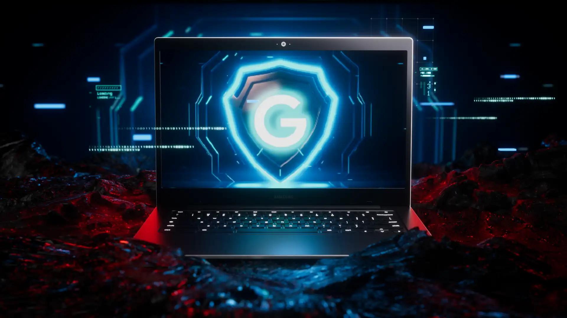 Security shield — neon key art